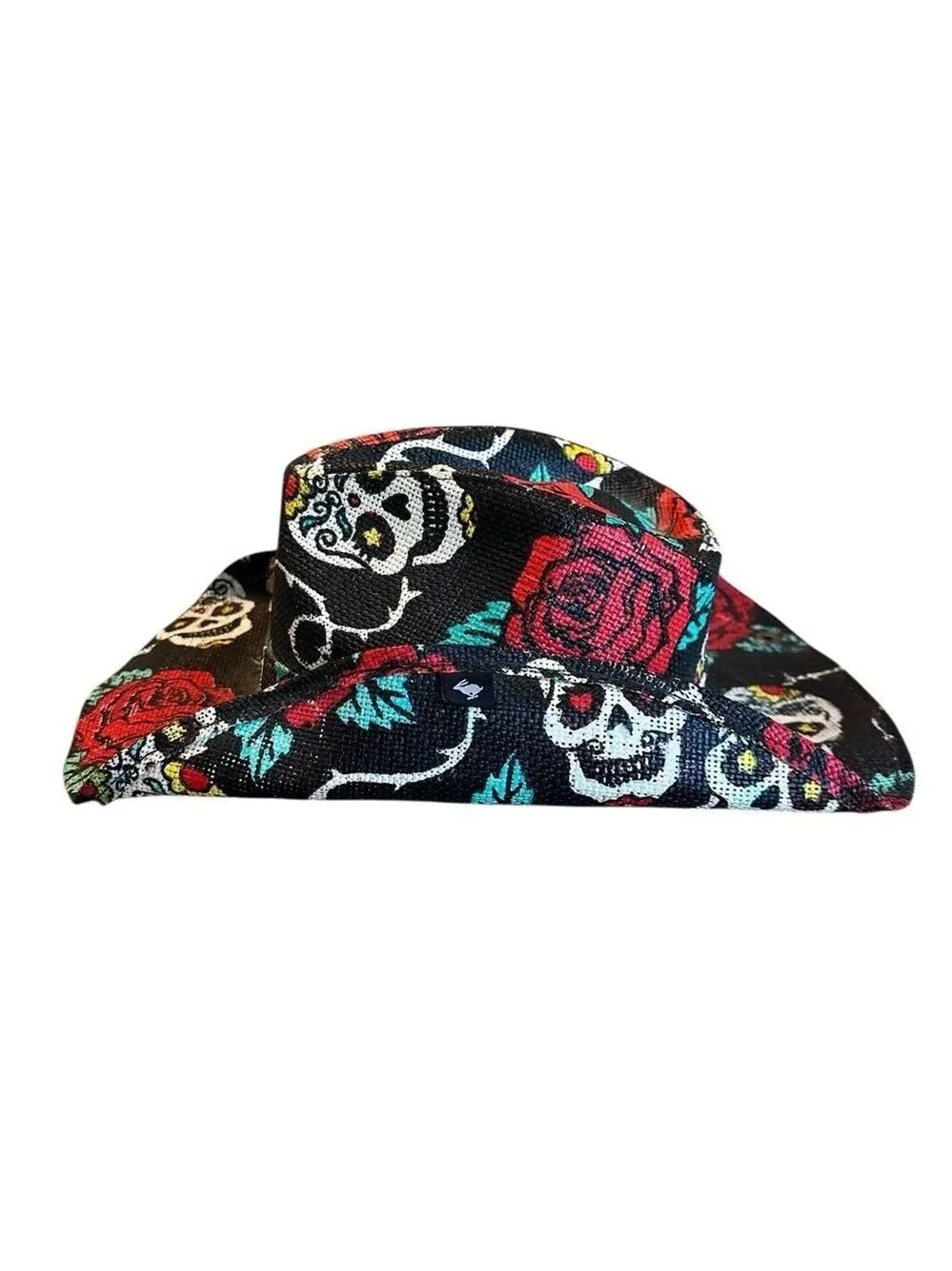 Peter Grimm Cowboy Hat Sugar Skulls/Rose Print Black Cotton Western Cowgirl EUC